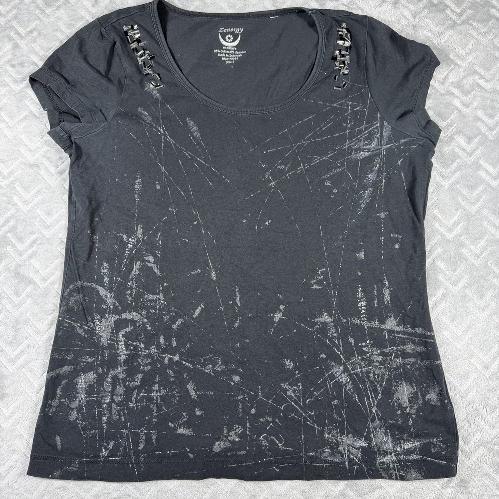 Chico's Zenergy Black T-Shirt Studded Shoulder Metallic Silver Medium (1)